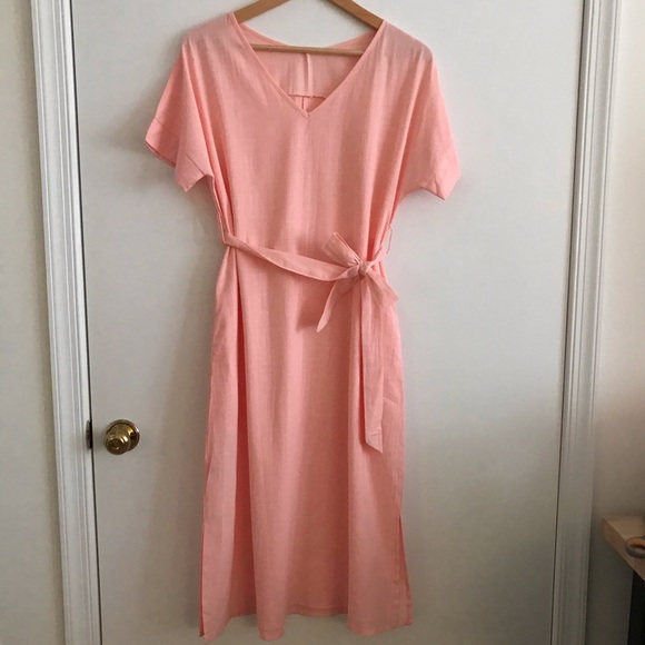 Peach Linen T-shirt Dress with Bow Tie and Pockets - Picture 2 of 4